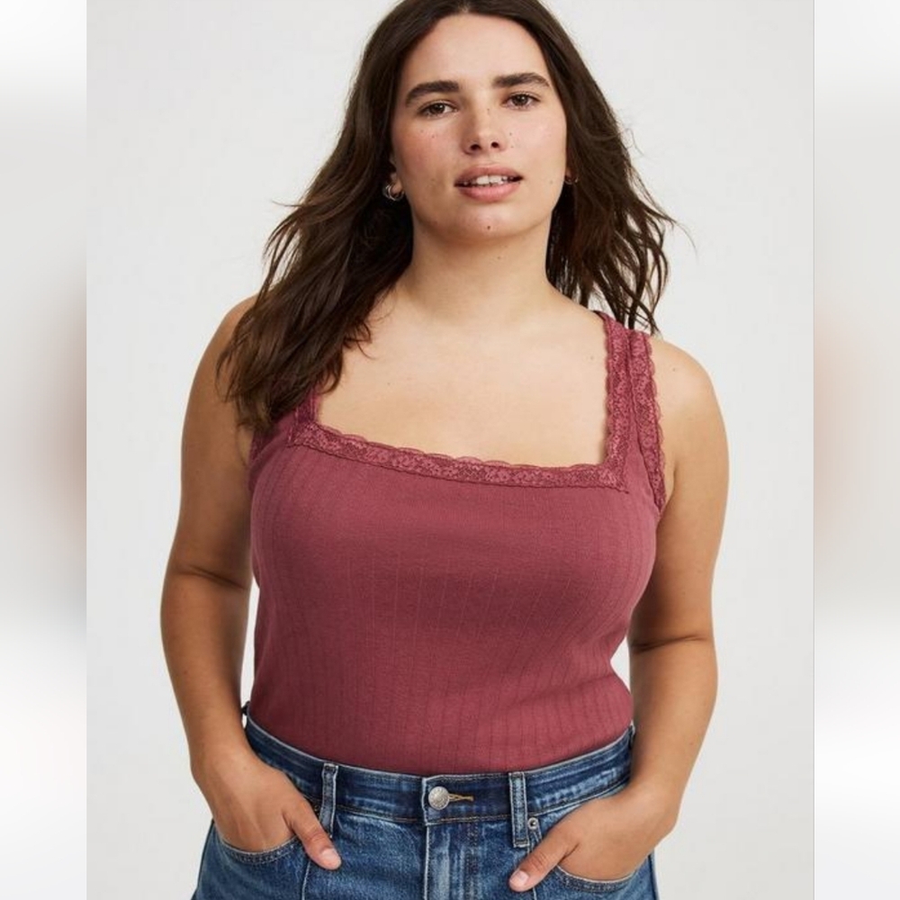 💥Sale💥NWOT Torrid Pointelle Square Neck Lace-Trim Ribbed Tank- Wild Ginger - Picture 2 of 5
